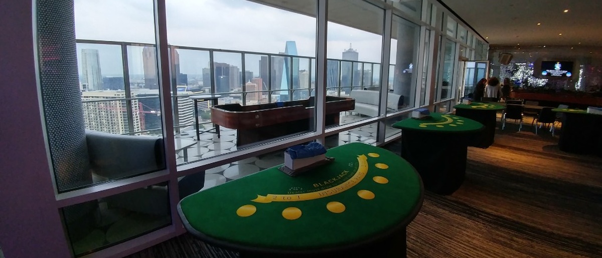 Casino Events tables overlooking the Dallas skyline at a DFW event venue